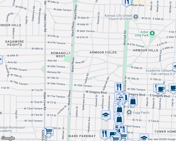 map of restaurants, bars, coffee shops, grocery stores, and more near 811 West 69th Terrace in Kansas City