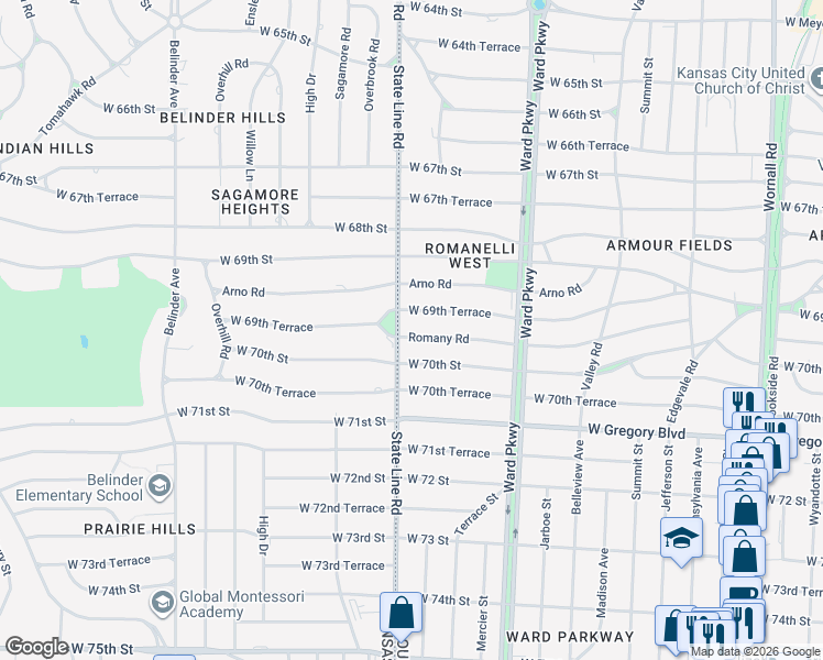 map of restaurants, bars, coffee shops, grocery stores, and more near 1240 Romany Road in Kansas City
