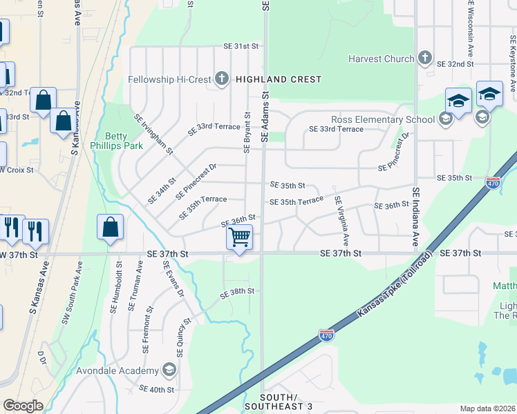 map of restaurants, bars, coffee shops, grocery stores, and more near 602 Southeast 35th Terrace in Topeka