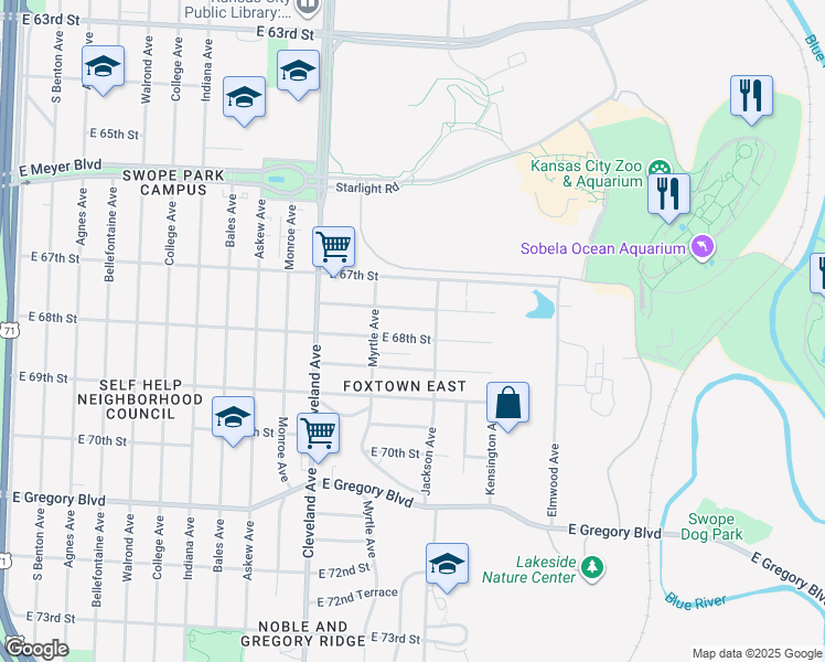 map of restaurants, bars, coffee shops, grocery stores, and more near 4032 East 68th Street in Kansas City