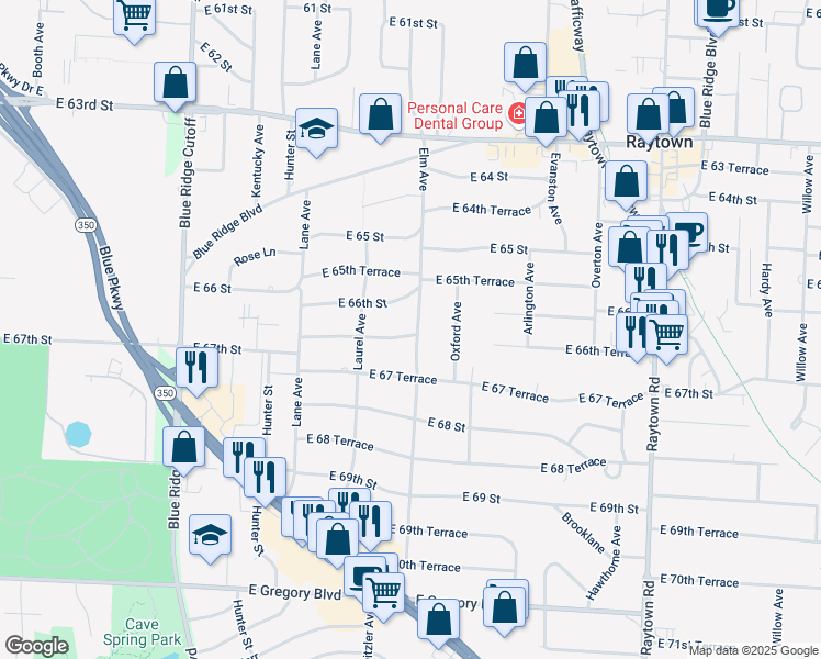 map of restaurants, bars, coffee shops, grocery stores, and more near 6618 Elm Avenue in Raytown