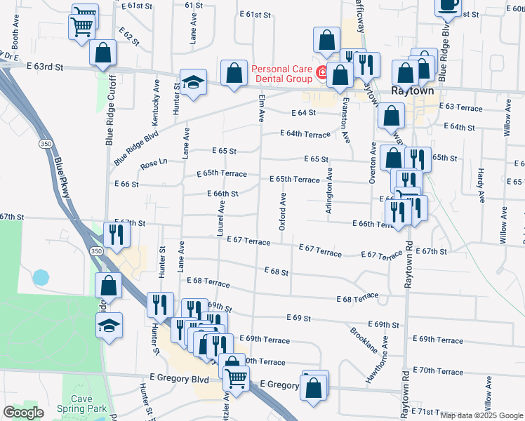 map of restaurants, bars, coffee shops, grocery stores, and more near 6618 Elm Avenue in Raytown