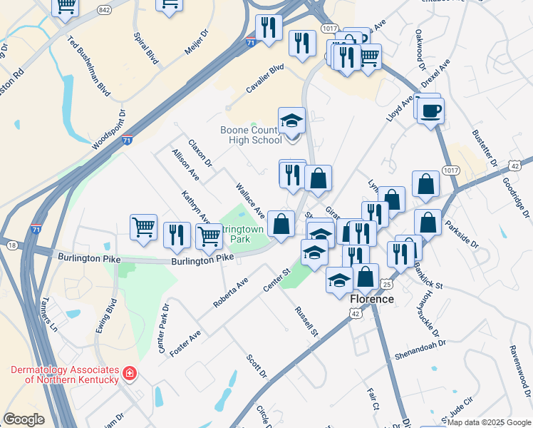 map of restaurants, bars, coffee shops, grocery stores, and more near 10 Wallace Avenue in Florence