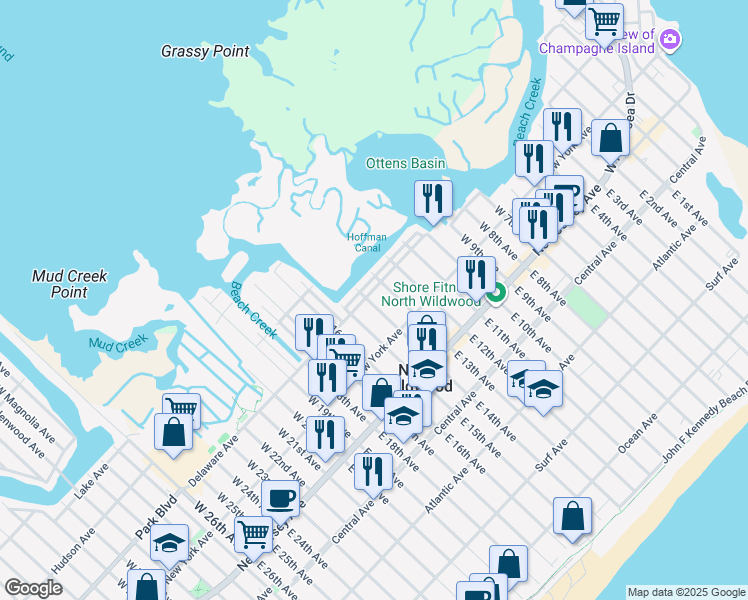 map of restaurants, bars, coffee shops, grocery stores, and more near 1311 Delaware Avenue in North Wildwood