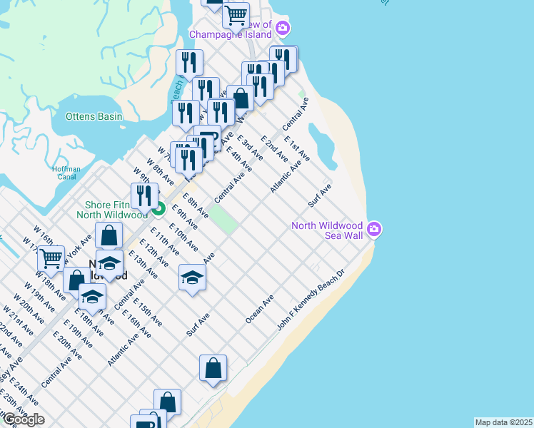map of restaurants, bars, coffee shops, grocery stores, and more near 314 East 5th Avenue in North Wildwood