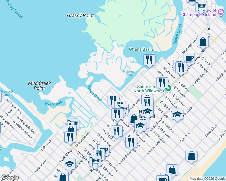 map of restaurants, bars, coffee shops, grocery stores, and more near 1508 Maryland Avenue in Wildwood