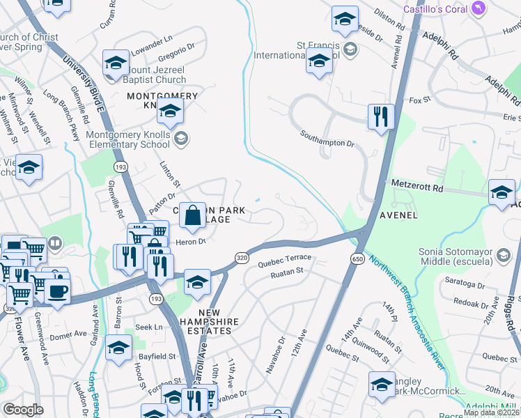 map of restaurants, bars, coffee shops, grocery stores, and more near 9120 Piney Branch Road in Silver Spring