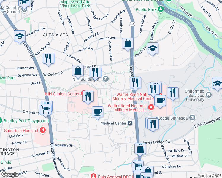 map of restaurants, bars, coffee shops, grocery stores, and more near 23 Center Drive in Bethesda