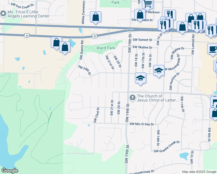 map of restaurants, bars, coffee shops, grocery stores, and more near 1324 Southwest 22nd Street in Blue Springs
