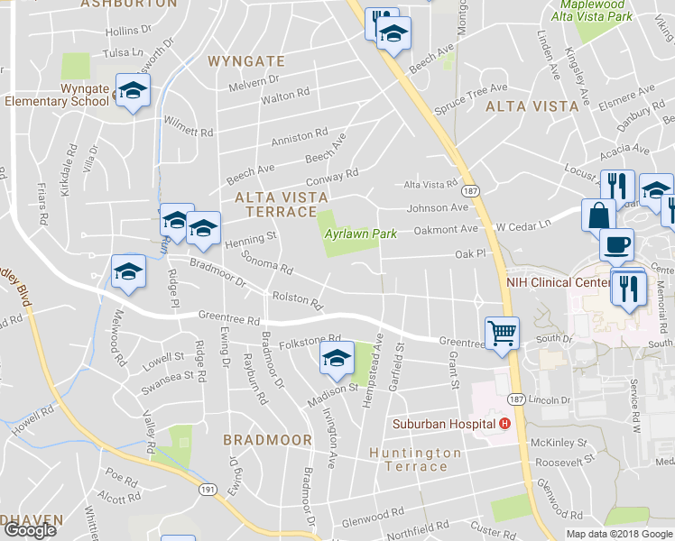 map of restaurants, bars, coffee shops, grocery stores, and more near 5717 Trafton Place in Bethesda