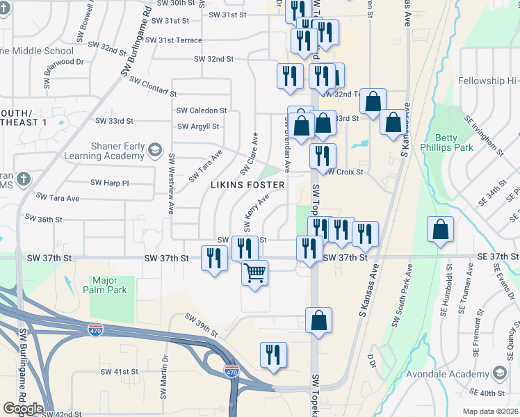 map of restaurants, bars, coffee shops, grocery stores, and more near 3570 Southwest Kerry Avenue in Topeka