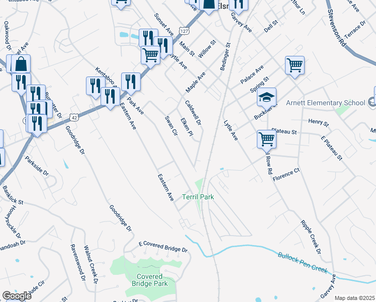 map of restaurants, bars, coffee shops, grocery stores, and more near 431 Swan Circle in Elsmere