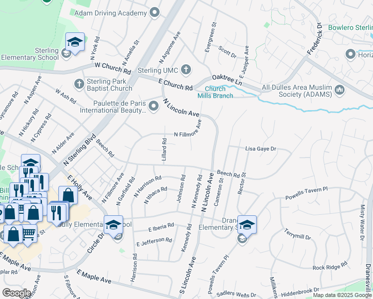 map of restaurants, bars, coffee shops, grocery stores, and more near 413 Bailey Court in Sterling