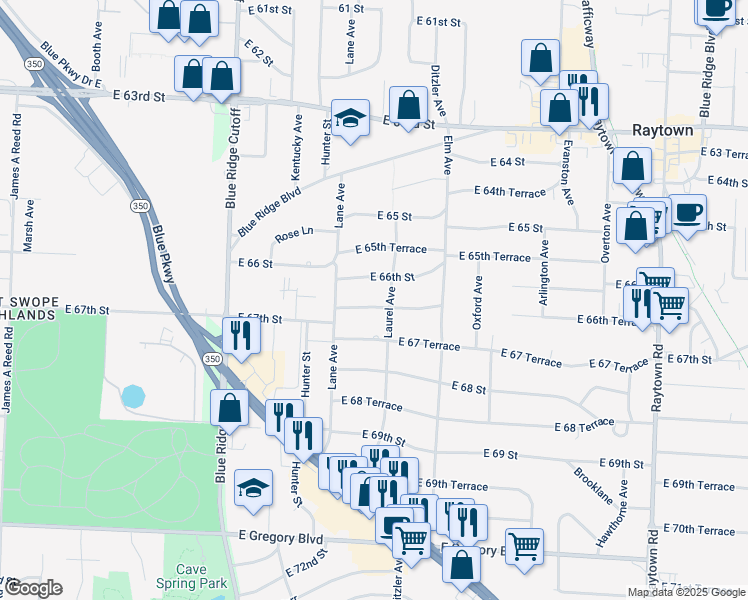map of restaurants, bars, coffee shops, grocery stores, and more near 9058 East 66 Terrace in Raytown