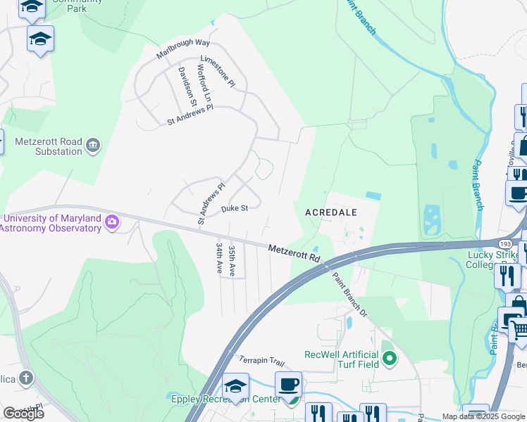 map of restaurants, bars, coffee shops, grocery stores, and more near 3517 Duke St in College Park