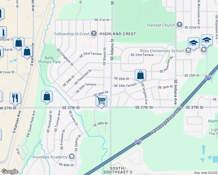 map of restaurants, bars, coffee shops, grocery stores, and more near 602 Southeast 35th Terrace in Topeka