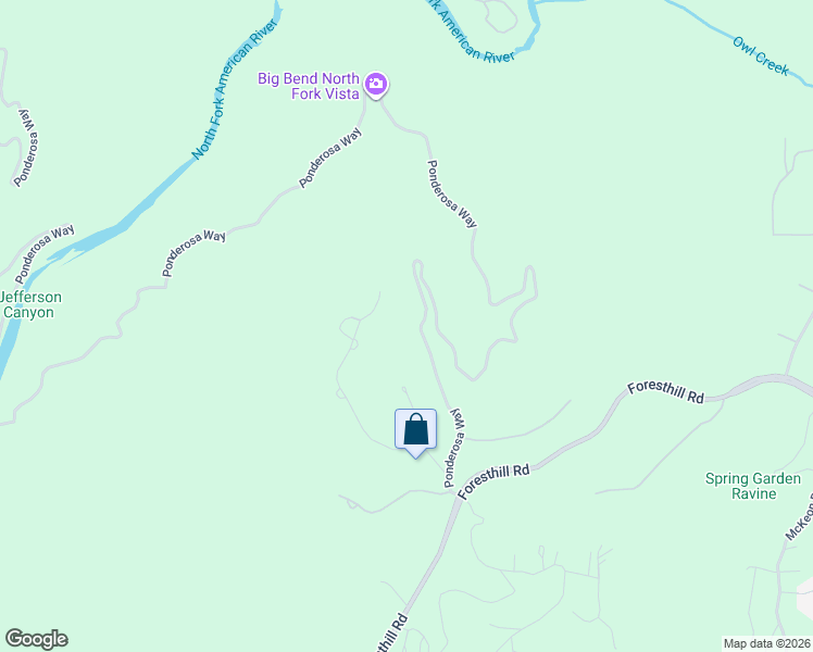 map of restaurants, bars, coffee shops, grocery stores, and more near 19532-19602 Ponderosa Way in Foresthill