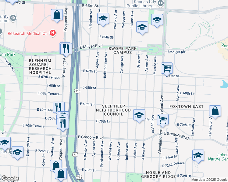 map of restaurants, bars, coffee shops, grocery stores, and more near 6801 Walrond Avenue in Kansas City