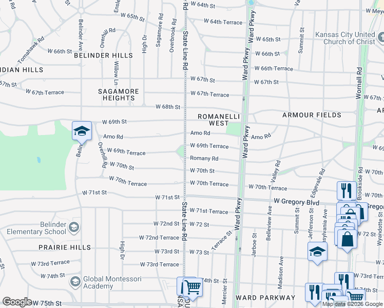 map of restaurants, bars, coffee shops, grocery stores, and more near 1240 Romany Road in Kansas City