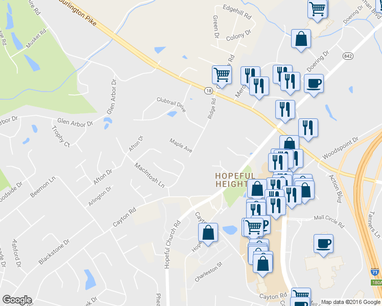 map of restaurants, bars, coffee shops, grocery stores, and more near 6153 Ridge Road in Florence