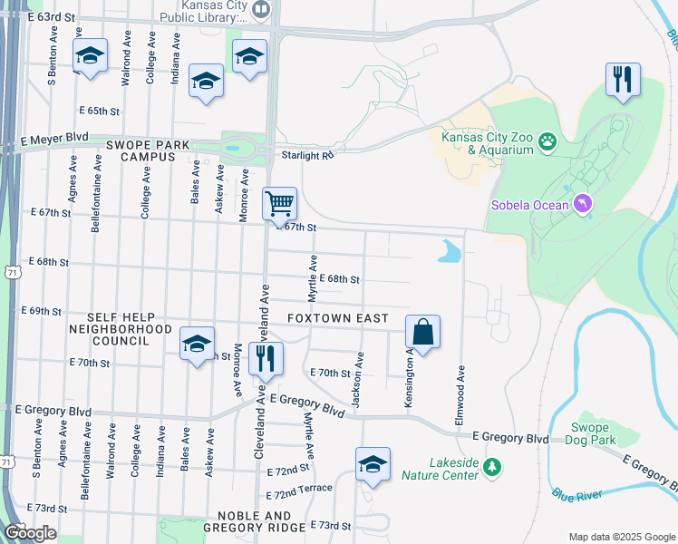 map of restaurants, bars, coffee shops, grocery stores, and more near 4028 East 68th Street in Kansas City