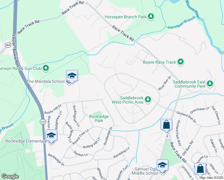 map of restaurants, bars, coffee shops, grocery stores, and more near 15003 Ridge Chase Court in Bowie