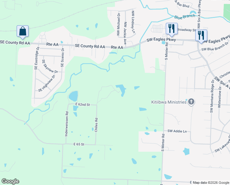 map of restaurants, bars, coffee shops, grocery stores, and more near 6205 Chiles Road in Blue Springs