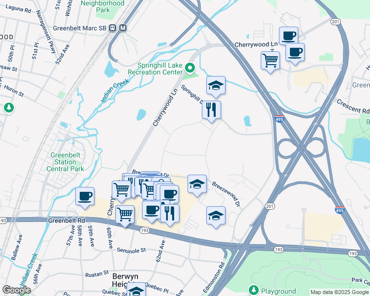 map of restaurants, bars, coffee shops, grocery stores, and more near 6110 Breezewood Court in Greenbelt