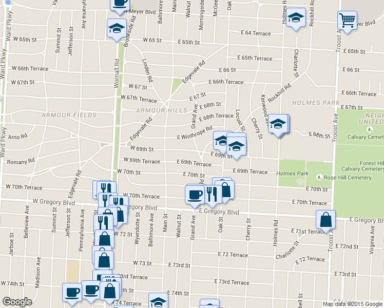 map of restaurants, bars, coffee shops, grocery stores, and more near 115 East 69th Street in Kansas City