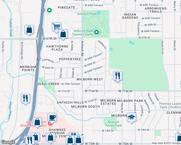map of restaurants, bars, coffee shops, grocery stores, and more near 8519 West 69th Terrace in Overland Park