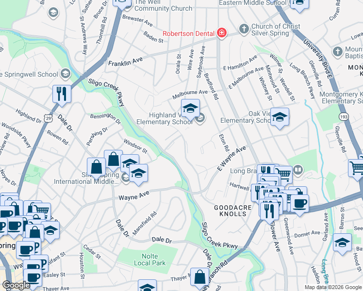 map of restaurants, bars, coffee shops, grocery stores, and more near 9006 Manchester Road in Silver Spring