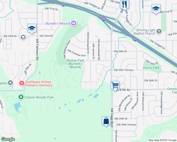 map of restaurants, bars, coffee shops, grocery stores, and more near 3533 Southwest Eveningside Drive in Topeka