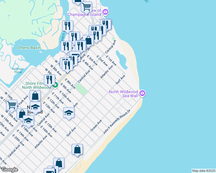 map of restaurants, bars, coffee shops, grocery stores, and more near 324 East 4th Avenue in North Wildwood