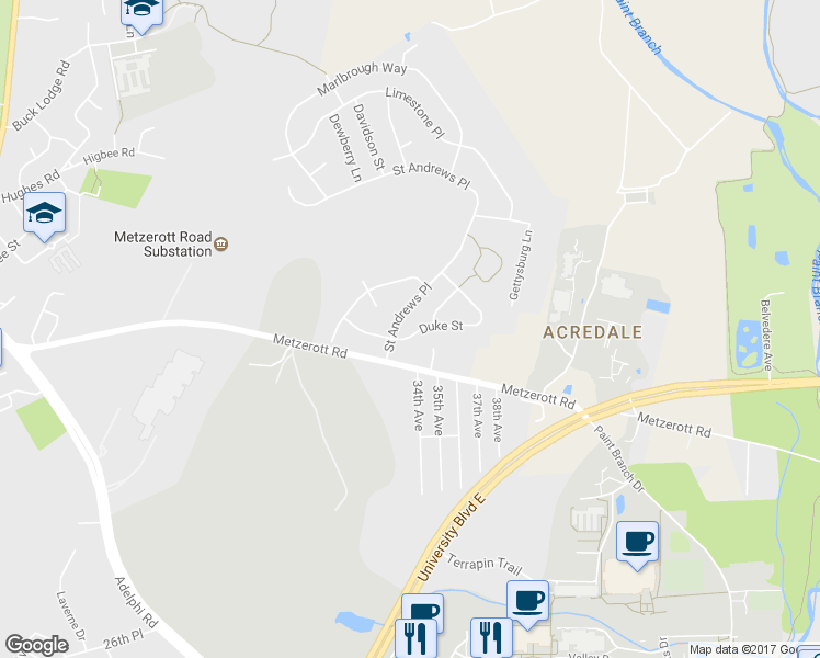 map of restaurants, bars, coffee shops, grocery stores, and more near 3424 Duke Street in College Park