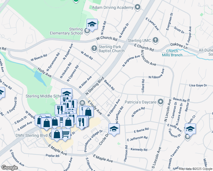map of restaurants, bars, coffee shops, grocery stores, and more near 212 East Cornell Drive in Sterling