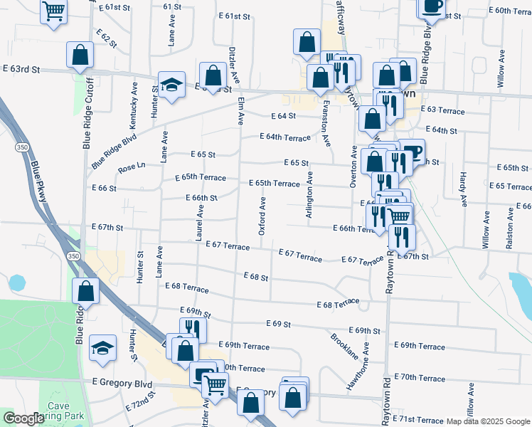 map of restaurants, bars, coffee shops, grocery stores, and more near 6509 Oxford Avenue in Raytown