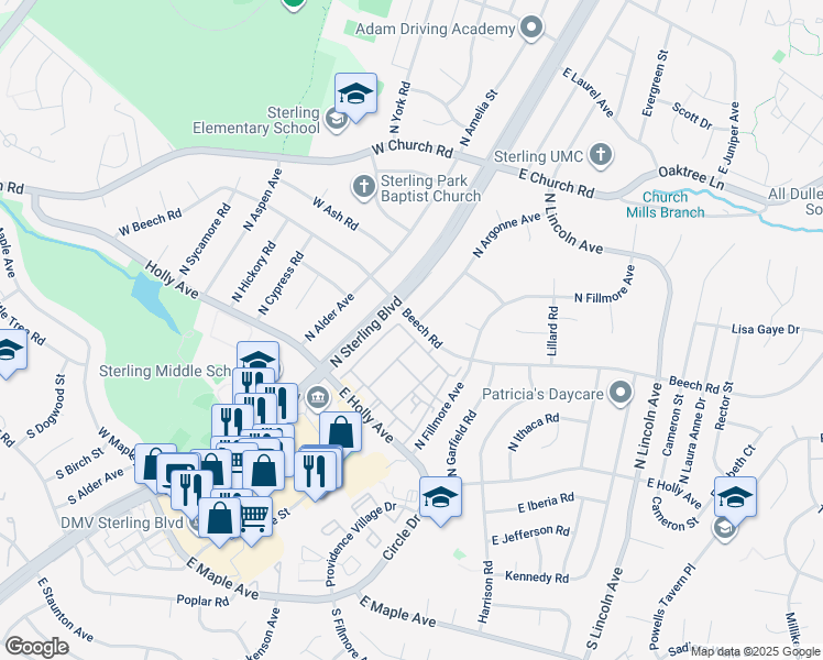 map of restaurants, bars, coffee shops, grocery stores, and more near 212 East Cornell Drive in Sterling