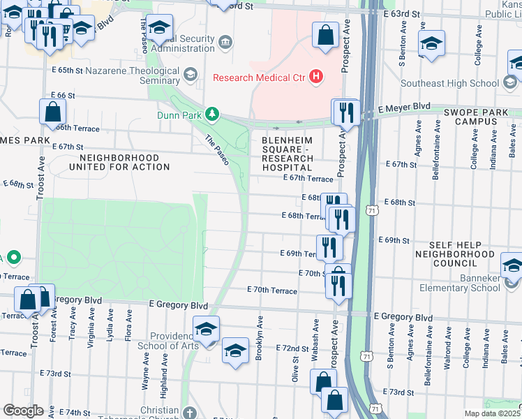 map of restaurants, bars, coffee shops, grocery stores, and more near 2118 East 68th Terrace in Kansas City