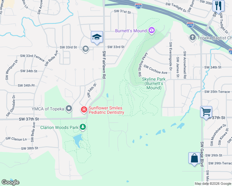 map of restaurants, bars, coffee shops, grocery stores, and more near 3604 Southwest Red Hawk Court in Topeka