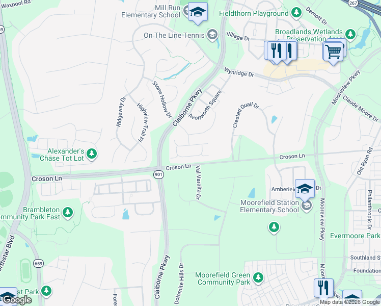 map of restaurants, bars, coffee shops, grocery stores, and more near 42968 Thornblade Cir in Ashburn