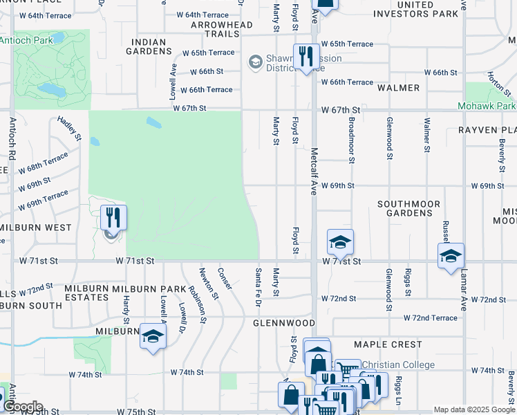 map of restaurants, bars, coffee shops, grocery stores, and more near 6925 Santa Fe Drive in Overland Park