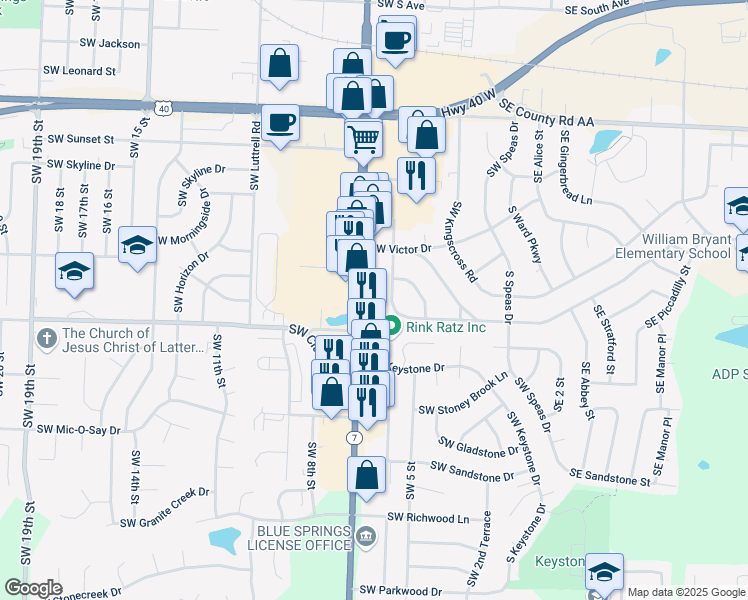 map of restaurants, bars, coffee shops, grocery stores, and more near 1400 Missouri 7 in Blue Springs