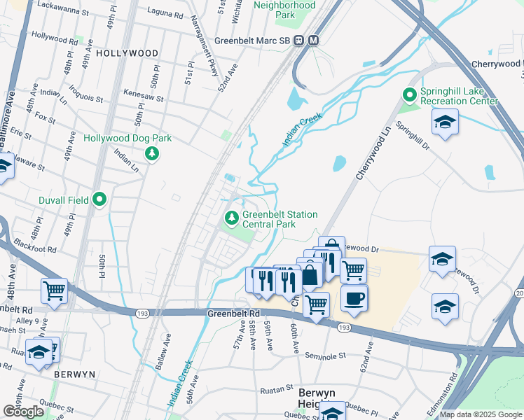map of restaurants, bars, coffee shops, grocery stores, and more near 5429 Stream Bank Lane in Greenbelt