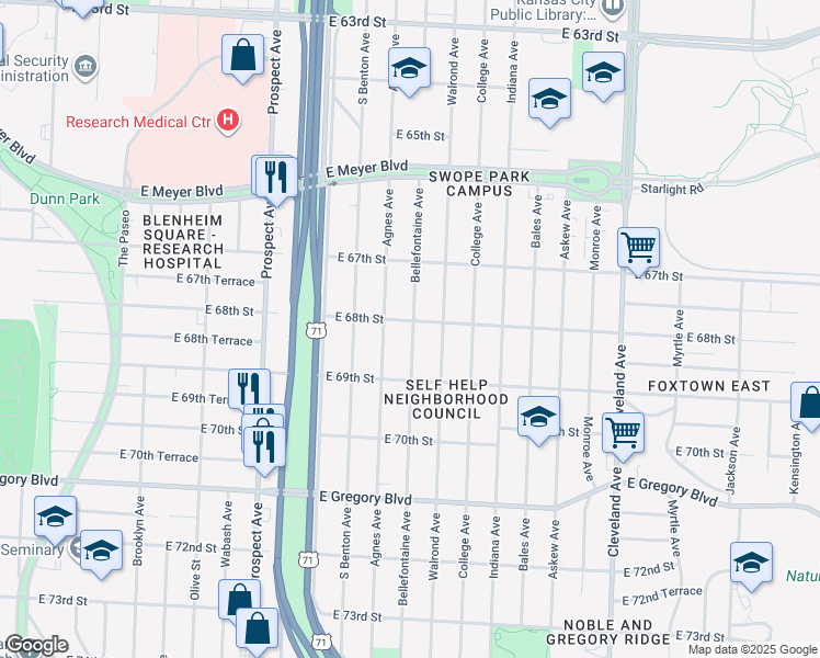 map of restaurants, bars, coffee shops, grocery stores, and more near 3021 East 68th Street in Kansas City