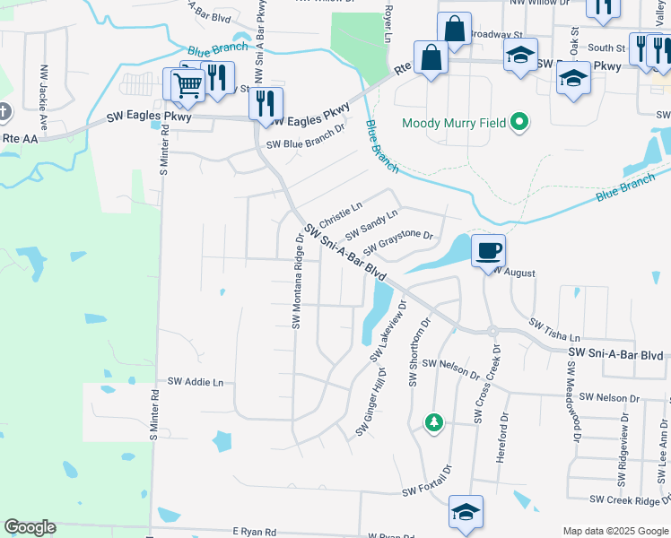 map of restaurants, bars, coffee shops, grocery stores, and more near 506 Centurion Court in Grain Valley