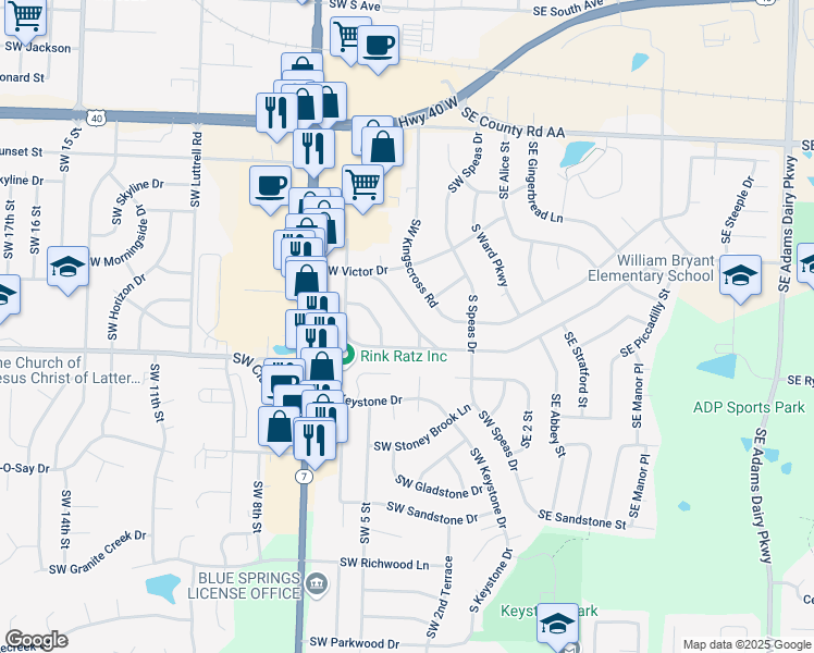 map of restaurants, bars, coffee shops, grocery stores, and more near 1405 Southwest Hamlet Drive in Blue Springs