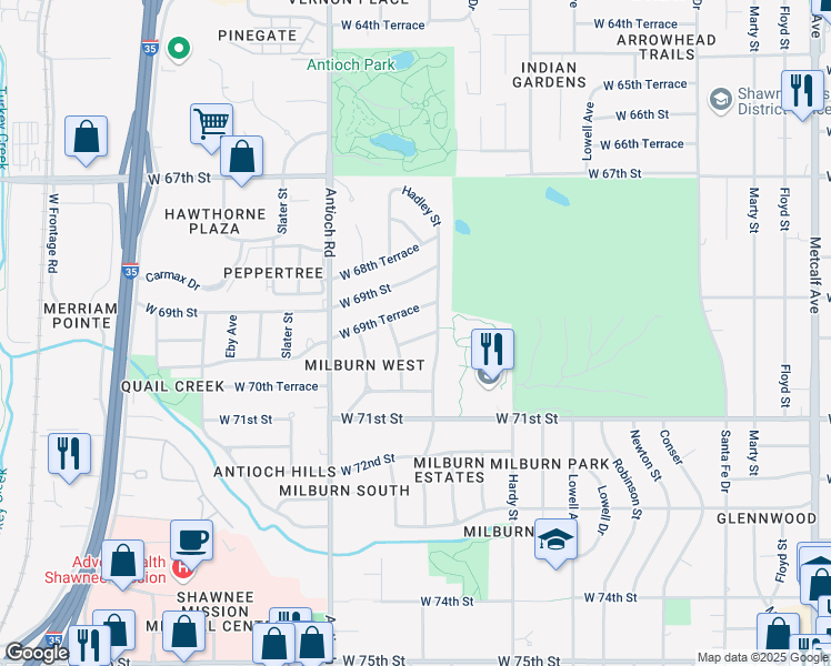 map of restaurants, bars, coffee shops, grocery stores, and more near 8420 West 70th Street in Overland Park