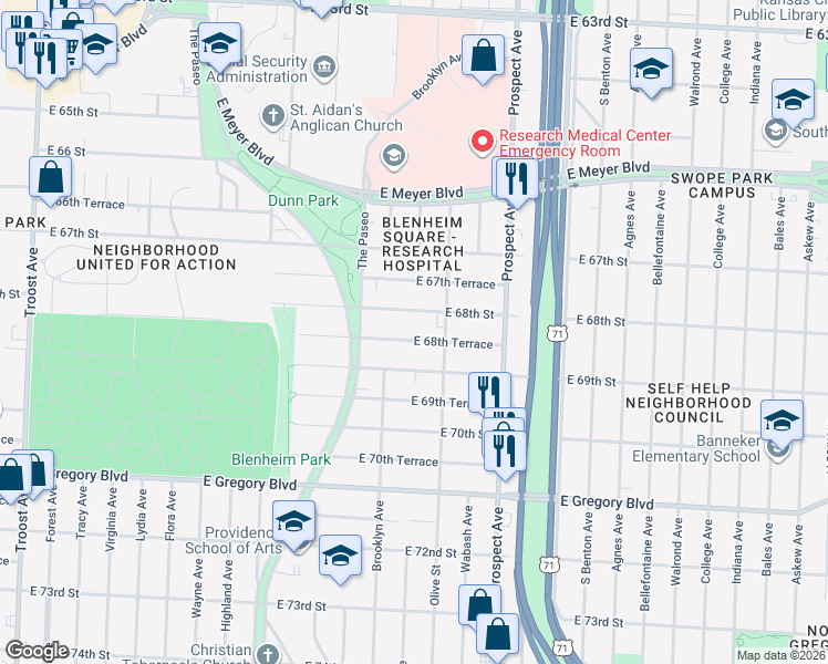 map of restaurants, bars, coffee shops, grocery stores, and more near 2224 East 68th Terrace in Kansas City