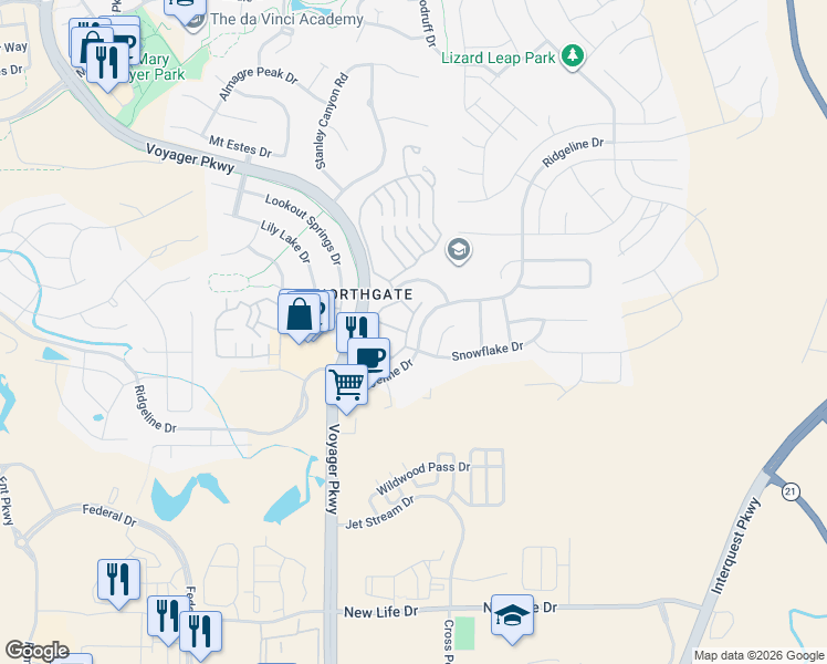 map of restaurants, bars, coffee shops, grocery stores, and more near 11524 Wildwood Ridge Dr in Colorado Springs