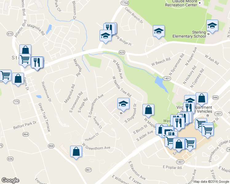 map of restaurants, bars, coffee shops, grocery stores, and more near 803 S Filbert Ct in Sterling